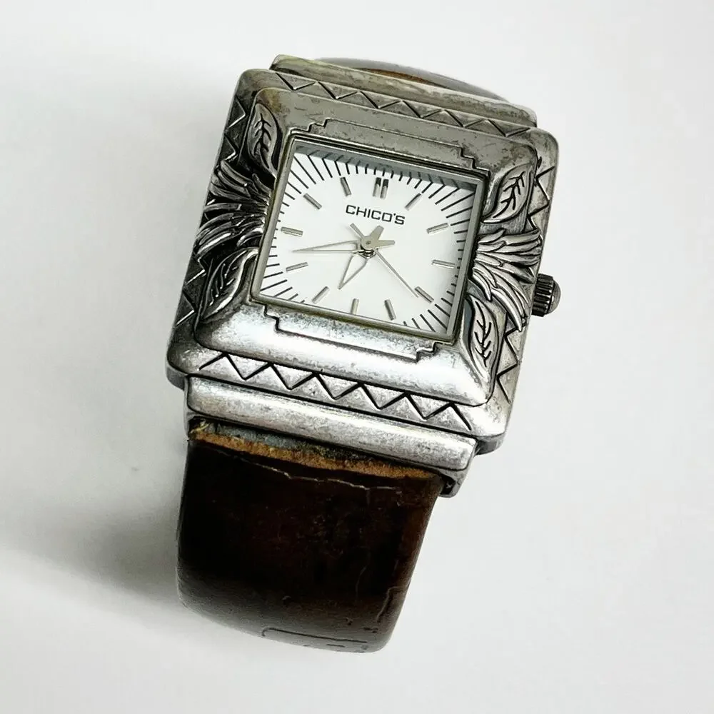 Chico's Silver & Brown Leather Etched Hinge Watch